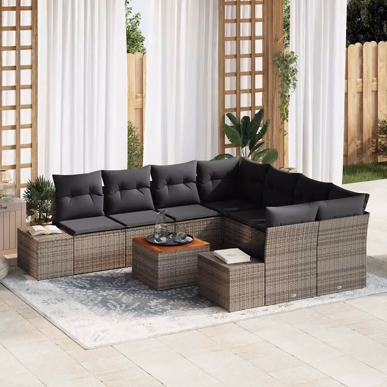 Set Divano da Giardino vidaXL 9 Pezzi Grigio con Cuscini e Tavolino da Caffè in Polyrattan e Acciaio