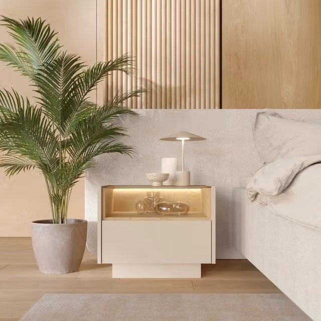 Comodino DMORA con un cassetto e illuminazione integrata, Beige e Marrone, L: 53 cm, P: 40 cm, H: 43 cm