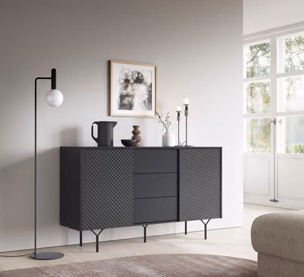 Cassettiera Raven 144x38x83cm nera con aspetto 3D