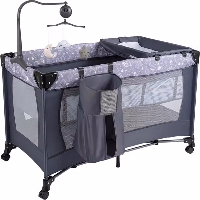 Lettino pieghevole per bambini con materasso, fascioio, recinto e scatola musicale, ideale per la cameretta, colore grigio