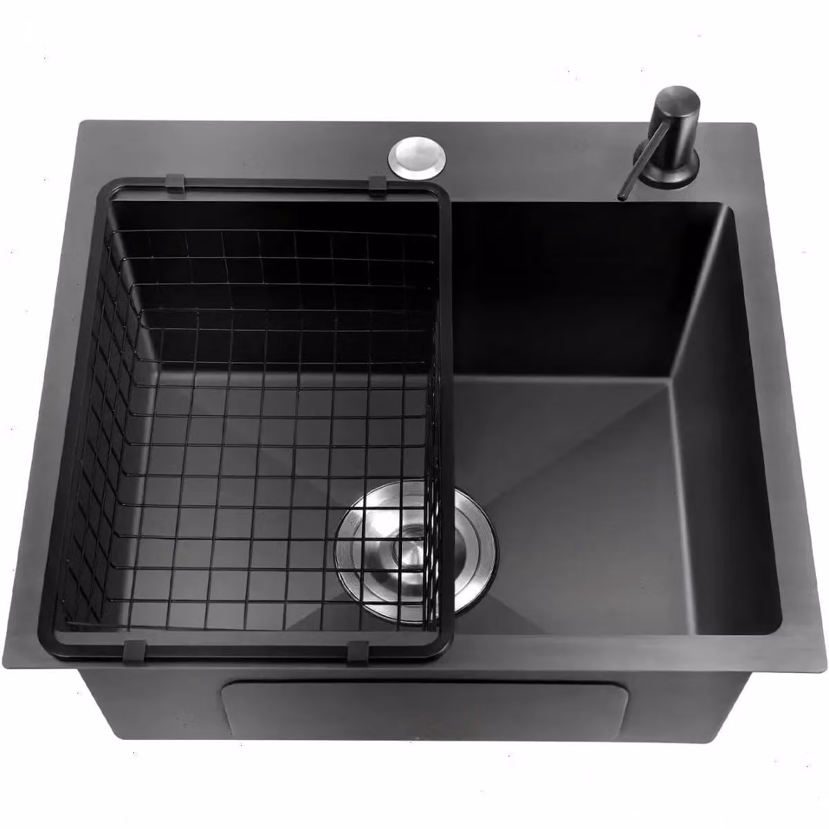 Lavello da cucina – Vasca singola da incasso – 45x40x20 cm – Acciaio inossidabile 201 con rivestimento nano-protettivo antigraffio – Con piano di scolo, dispenser per sapone e gruppo di scarico – Senza rubinetto – Nero