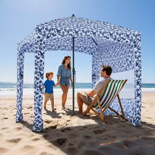 VEVOR Parasole da Spiaggia Portatile con Parete Laterale e Tasche per la Sabbia, Regolabile in Altezza, Blu Scuro con Motivi, L/P/H: 183 x 183 x 229 cm