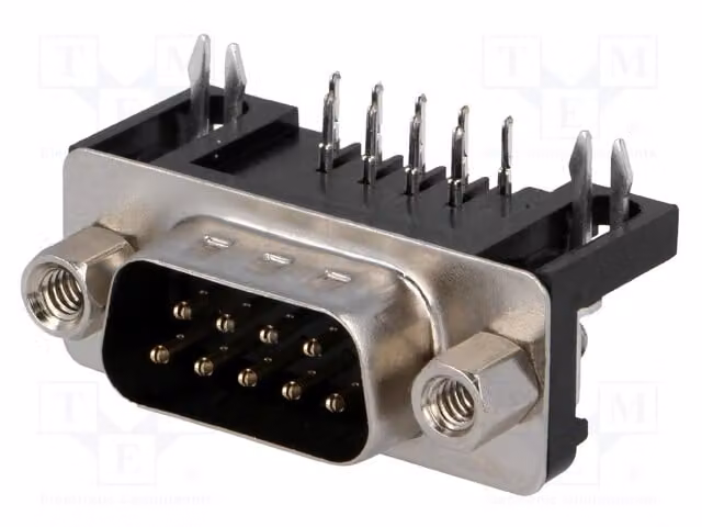 1 connettore D-Sub maschio con angolo di 90°, connettore per montaggio su circuito stampato, 9 pin, 5A, modello DS1037-09MNAKT74, connettore D-Sub