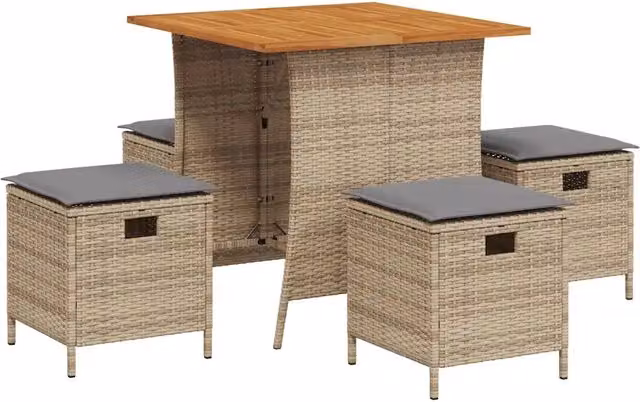 Set da Pranzo da Giardino 5 Pezzi in Polyrattan con Tavolo in Legno di Acacia e Cuscini Beige e Grigio – 1