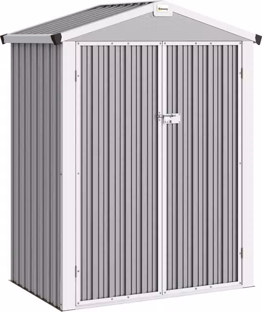 Casetta da giardino Outsunny in acciaio galvanizzato con doppie porte bloccabili, Grigio Argento, L: 133 cm, P: 87 cm, H: 178 cm