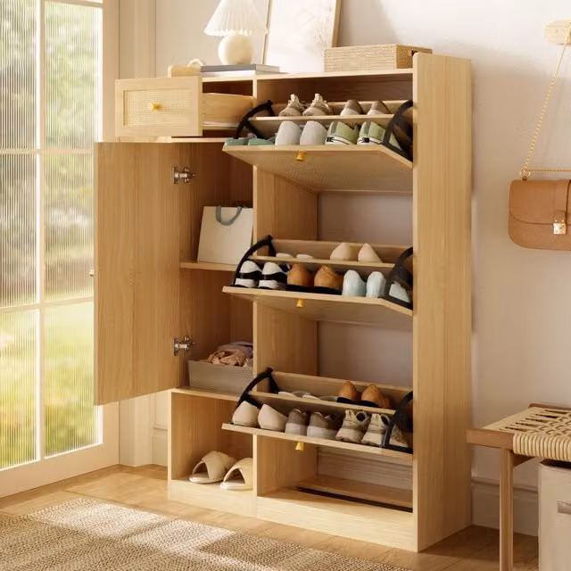 Scarpiera con 3 ribalte cassetto e anta laterale per ingresso in truciolato naturale 80;5 × 25 × 125 cm