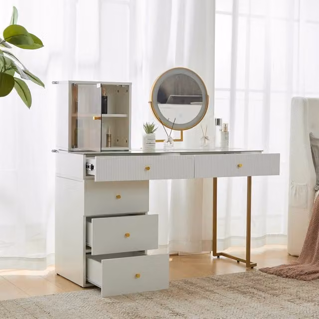 Tavolo da toeletta con specchio LED regolabile e piano in vetro, stile moderno, per camera, bianco, 120 × 45 × 115 cm