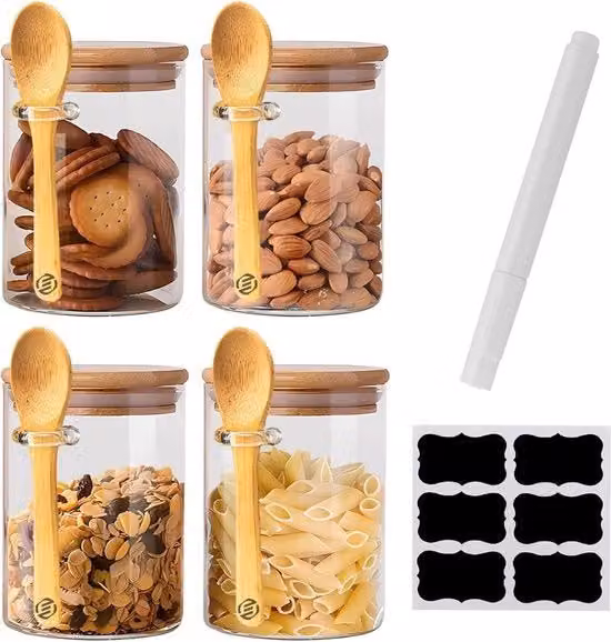 Set di barattoli Equivera per overnight oats e muesli in vetro trasparente con coperchio in bambù e silicone ermetico e a prova di perdite