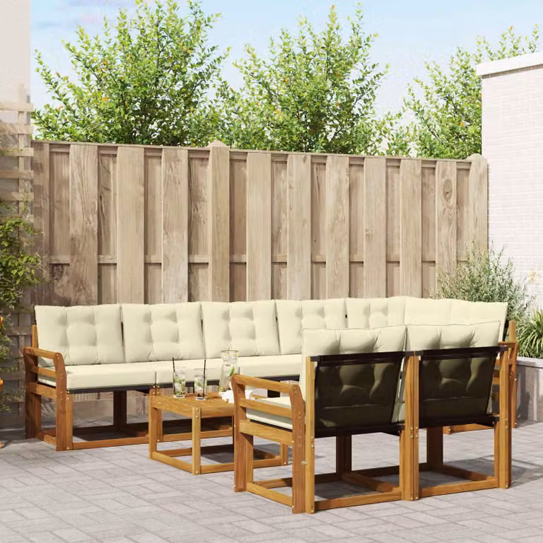 Set di divani da esterno vidaXL 9 pezzi in legno di acacia con tavolo da caffè e cuscini, beige e bianco