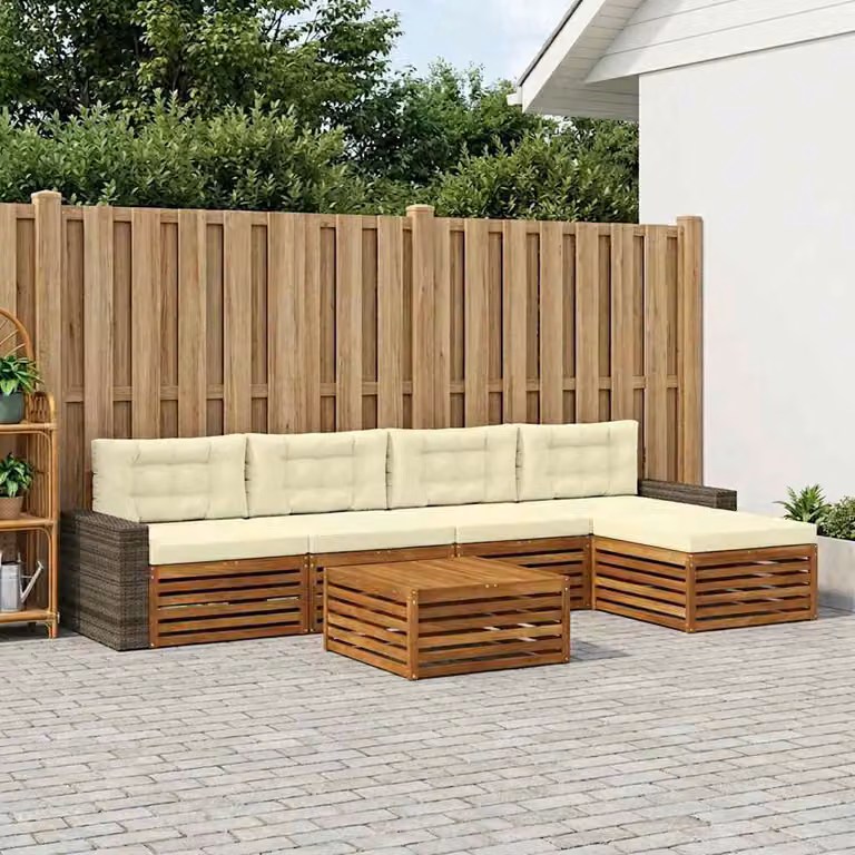 vidaXL Set di divani da esterno a L composto da 6 pezzi in legno di acacia con cuscini beige e bianchi