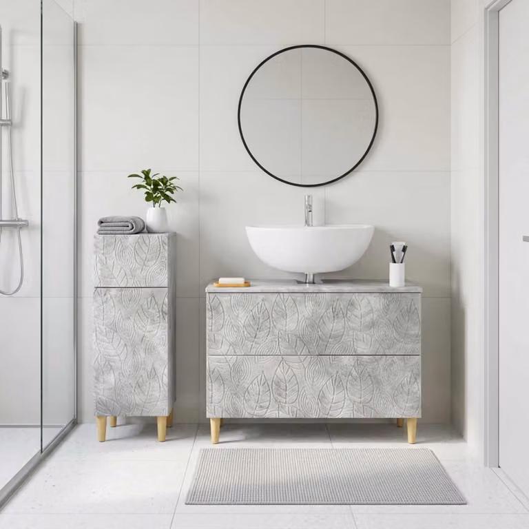 Set di mobili da bagno vidaXL DELFT composto da mobile lavabo e mobile contenitore, colore grigio cemento, design moderno con ante a cerniera e cassetti interni, struttura autoportante in legno