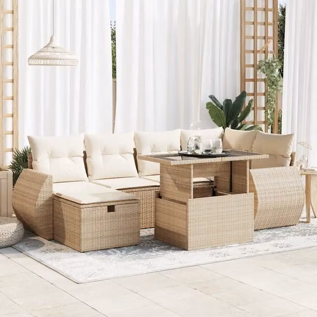 Set Divani da Giardino 7 pz con Cuscini Beige in Polyrattan 3327898