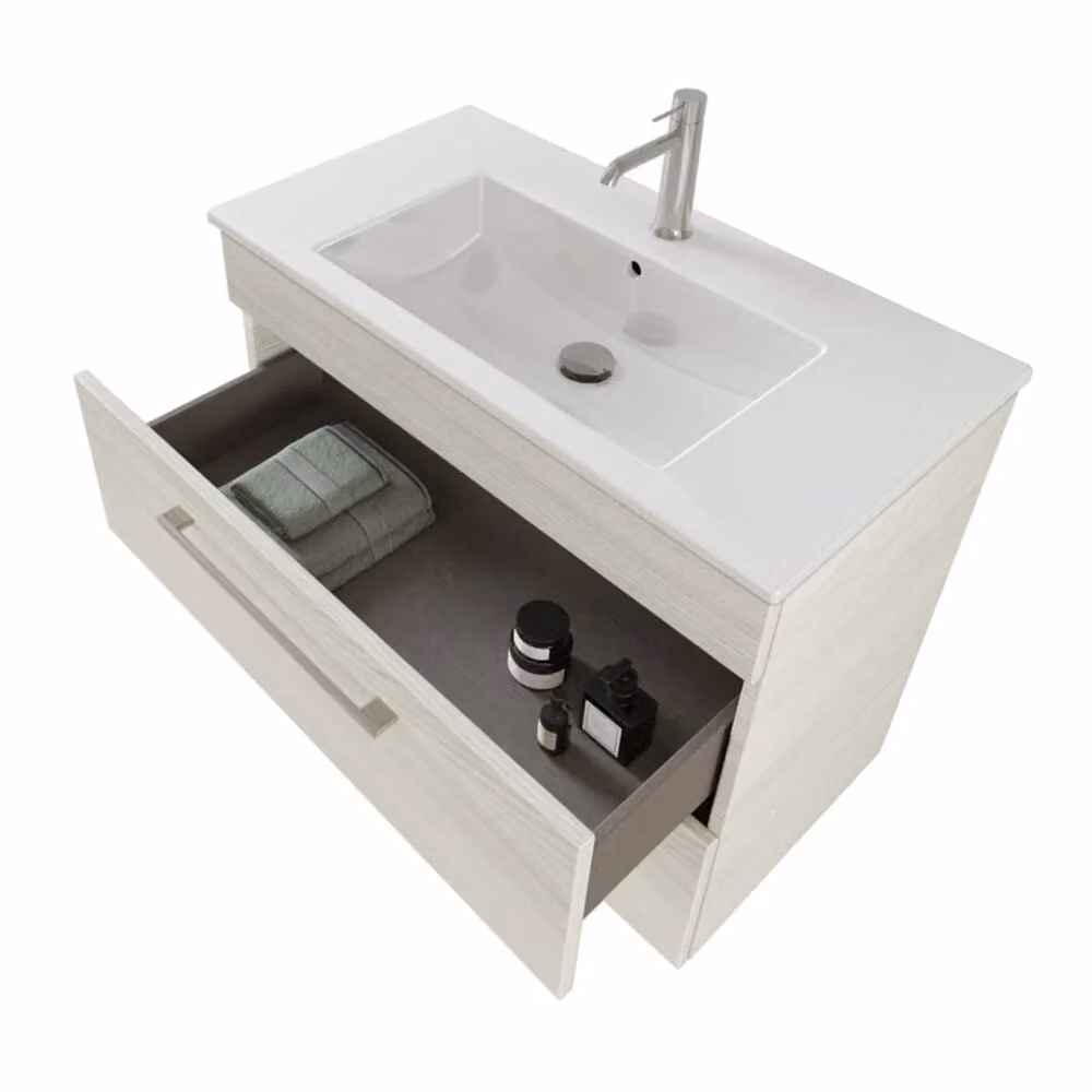Mobile bagno sospeso Smart INBAGNO bianco e legno con specchio contenitore e illuminazione LED L: 80 cm, P: 43 cm, H: 62 cm – 2