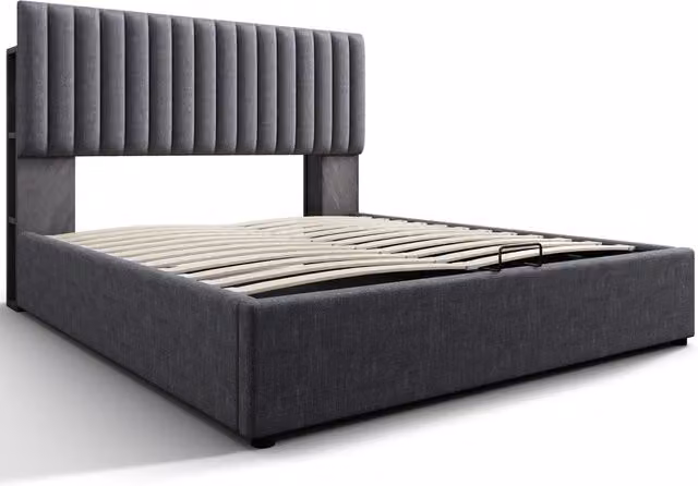 Letto matrimoniale 160×200 cm 2 posti con contenitore, LED, USB e presa di tipo C, materasso incluso, grigio