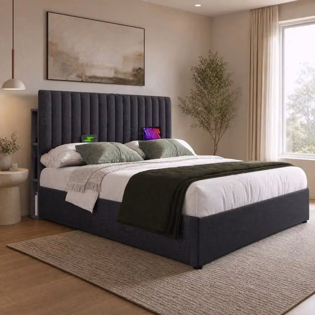 Letto imbottito 140x200 cm grigio con LED app, USB-C, contenitore e testiera regolabile