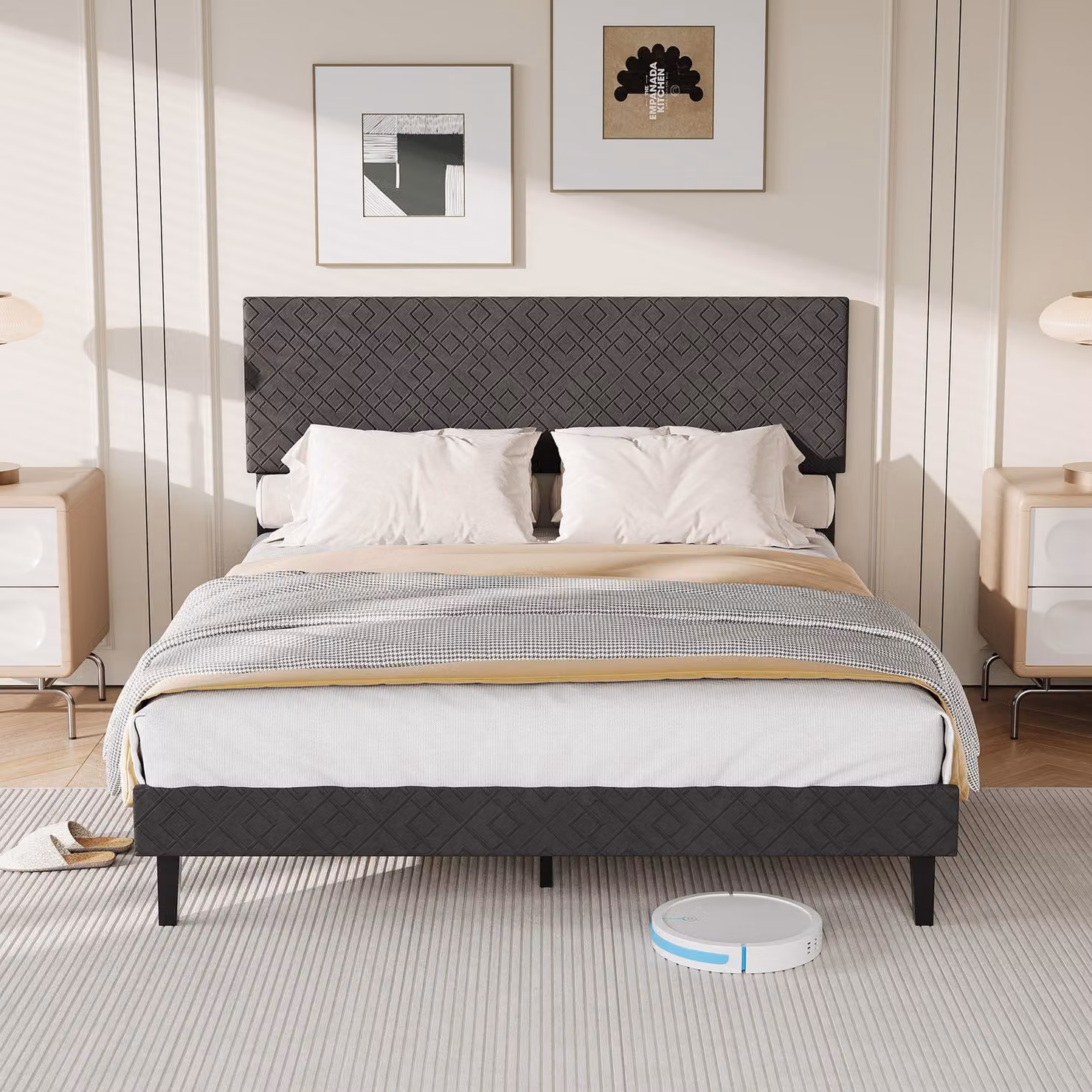 Letto imbottito UnboxG 140x200 cm in lino grigio, testiera imbottita, robusto telaio in metallo con rete a doghe, design intramontabile per la camera da letto