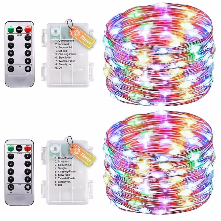 Set di due catene luminose, lunghezza 10 metri, 100 LED, con timer, telecomando e grado di protezione IP65