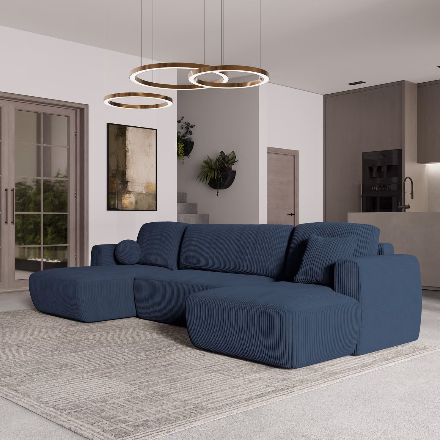 Divano angolare SENTUM P di Masseno con funzione letto a U, divano con box letto, divano da soggiorno, divano, divano letto, set di divani - blu, POSO 05