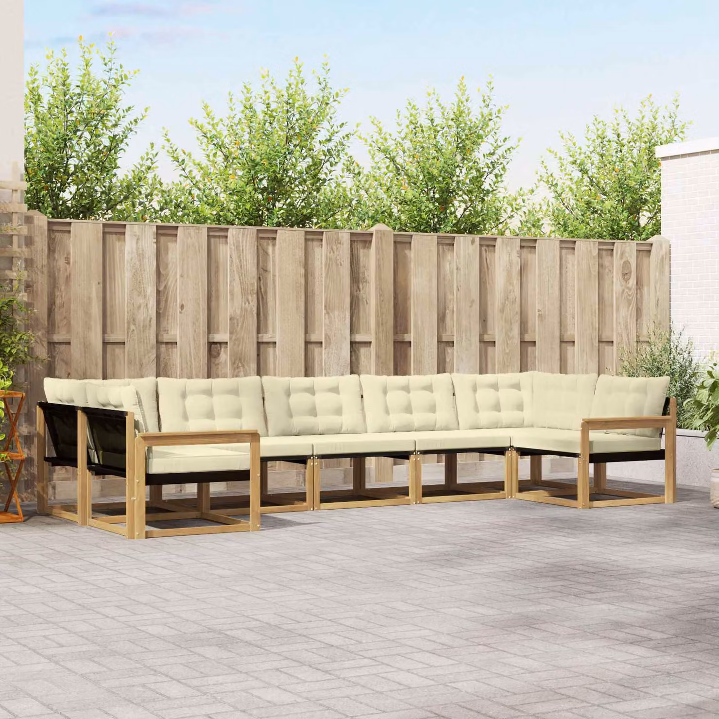 Set di divani da esterno vidaXL a forma di U composto da 7 pezzi in legno di acacia e tessuto textilene, colori bianco e beige con cuscini inclusi