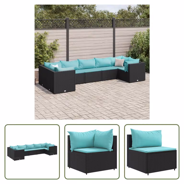 The Living Store Set da giardino 7 pezzi con cuscini in poly rattan nero