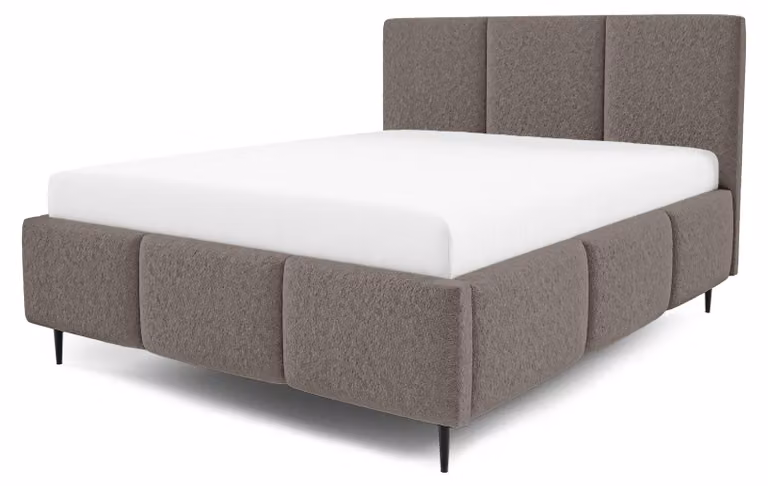 Letto imbottito con contenitore integrato, modello Melora, finitura "Eichenschatten" (effetto legno noce), dimensioni 180 x 200 cm
