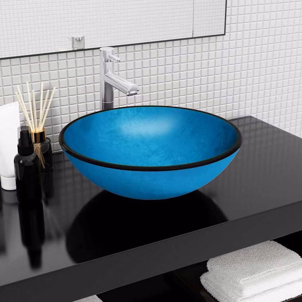 Lavandino da appoggio rotondo in vetro temperato blu vidaXL L: 42 cm