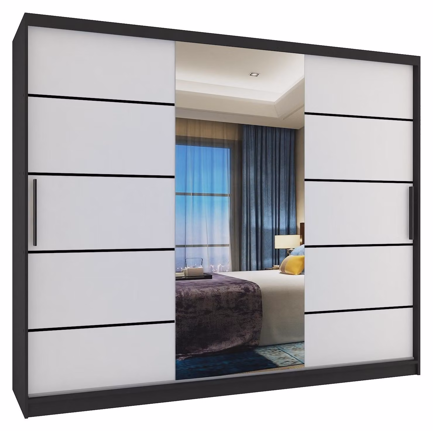 BELINI Verona, armadio scorrevole da 232 cm, nero/bianco opaco - armadio con specchio e 4 cassetti, ideale per la camera da letto