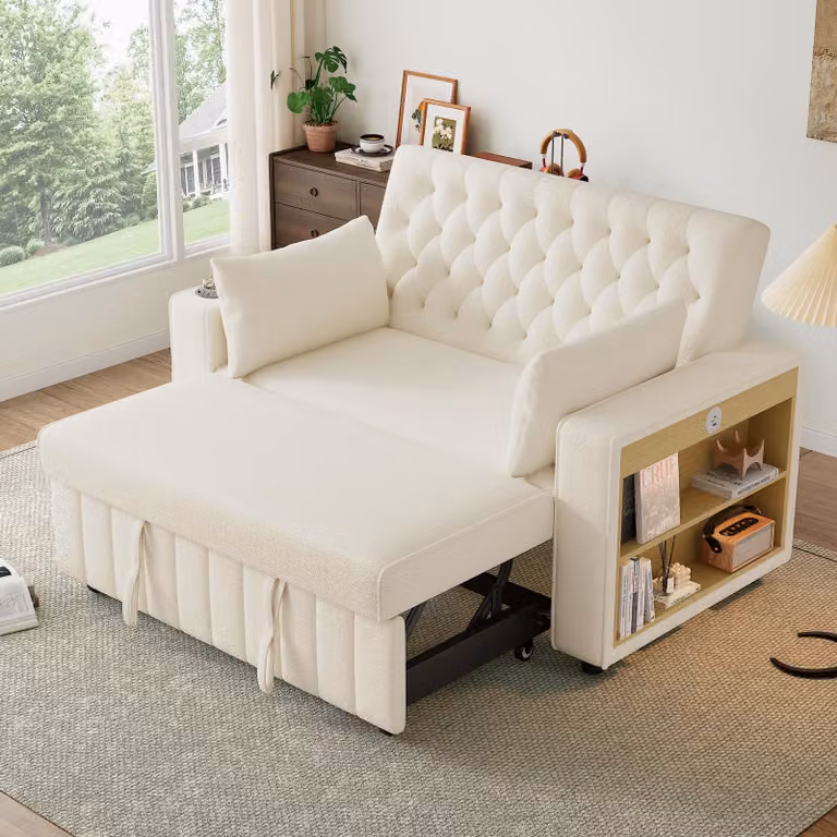 Divano letto a 2 posti Merax con funzione sleep, 2 cuscini, USB, Type-C, portabicchieri, ripiano laterale, schienale regolabile, divano letto in ciniglia, beige