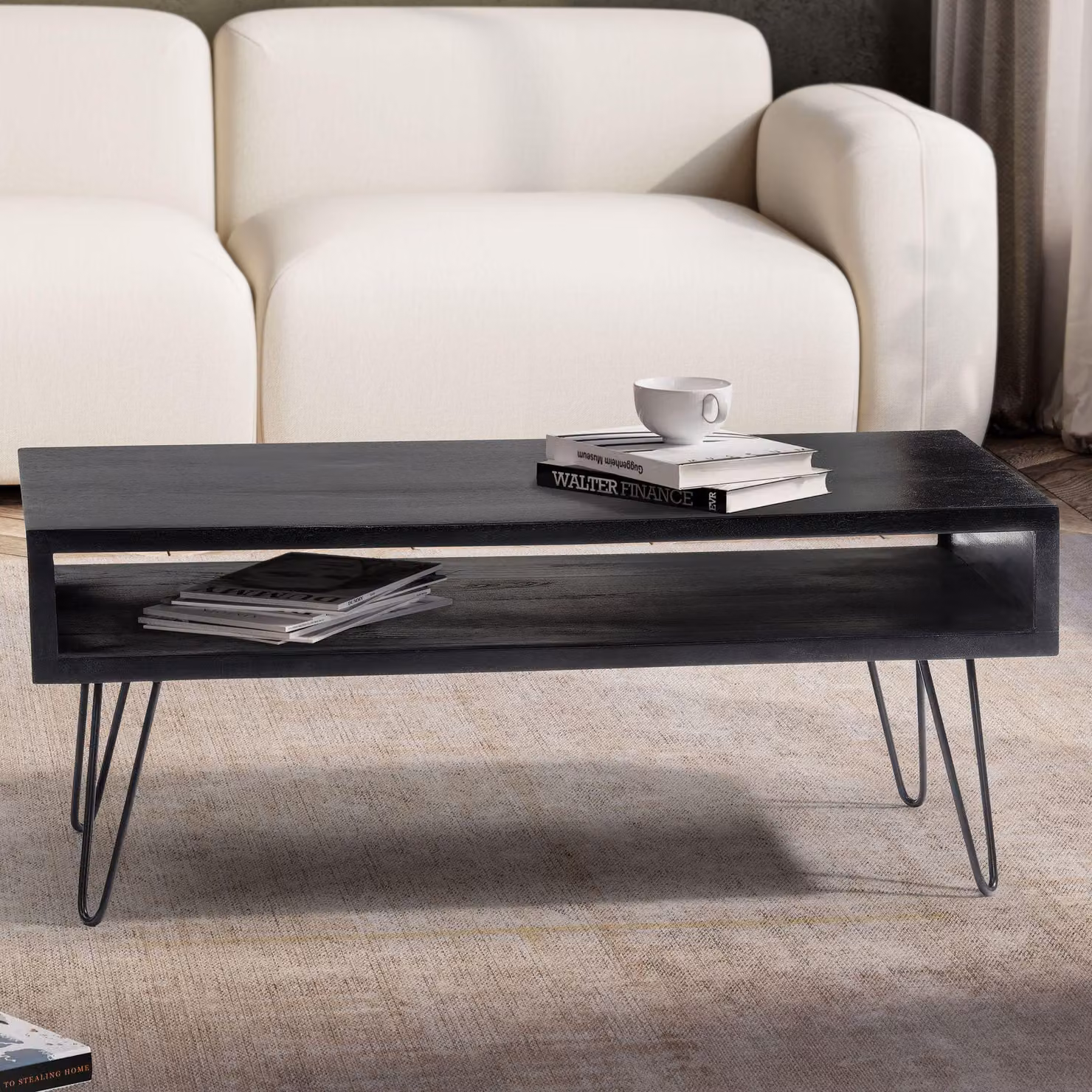 FineBuy tavolino da caffè in legno massiccio di mango nero 100x50 cm - tavolo da soggiorno rettangolare con ripiano - tavolo in legno massiccio gambe a forcina design industriale
