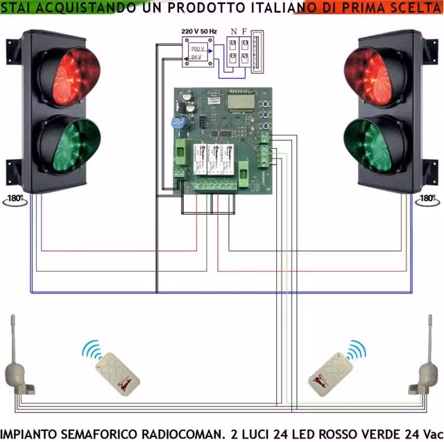 Kit Semaforo per Garage Securvera con 24 Led Rossi e 24 Led Verdi, Lente Ø 124 mm Orientabile 180°, Alimentazione 24 Vac 3 W, Grado di Protezione IP65, con 2 Radiocomandi per Controllo Parcheggio – 1