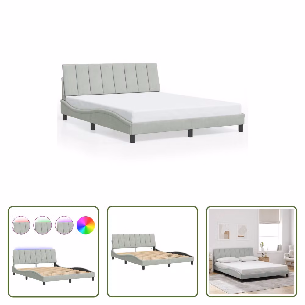 The Living Store Struttura letto con luci LED grigio chiaro 160x200 cm in velluto