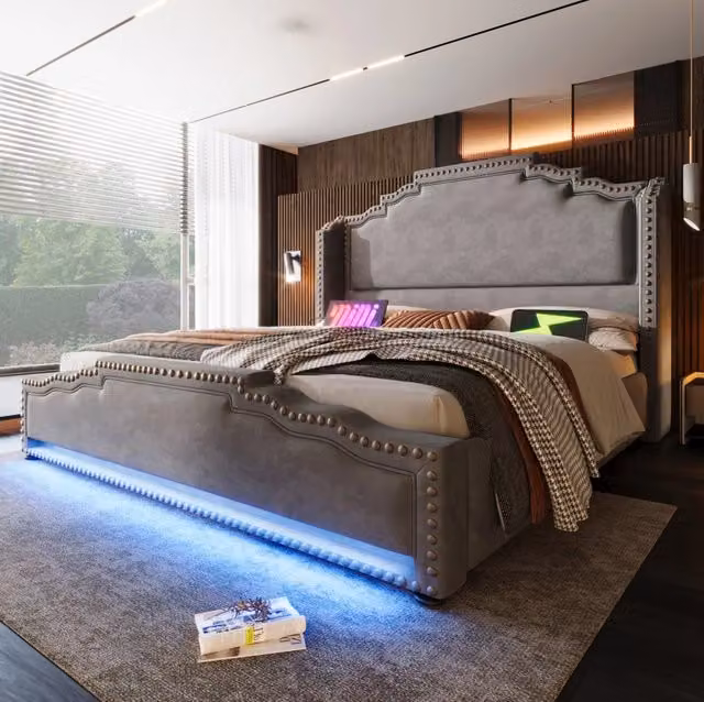 Letto 140x200 cm con 4 cassetti; LED e porte USB e Type-C in velluto grigio