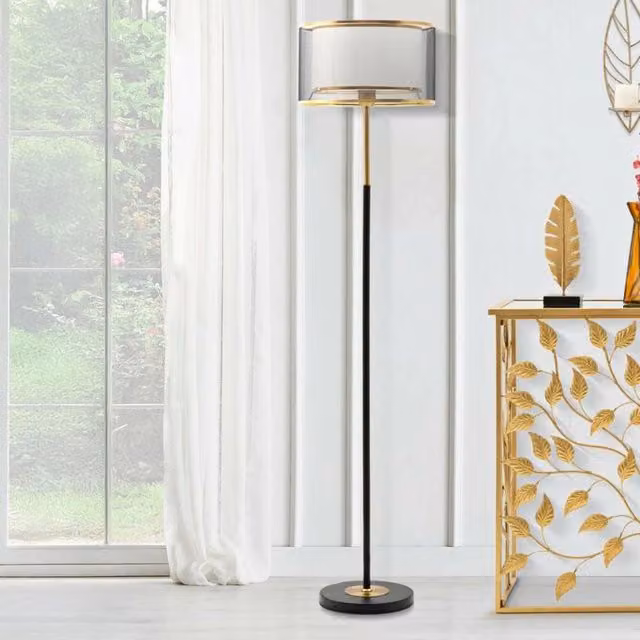Lampada da terra Marouflage DMORA in metallo e tessuto, Nero e Oro, L 35 cm x P 35 cm x H 153 cm