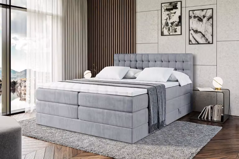 Letto boxspring ALTDECOR con materasso e rete a doghe - VIONE KING - 200x200 cm - Velluto grigio - Topper, letto imbottito con contenitore, letto con vano portaoggetti H3 e H4 - Materasso, letto matrimoniale, letto boxspring