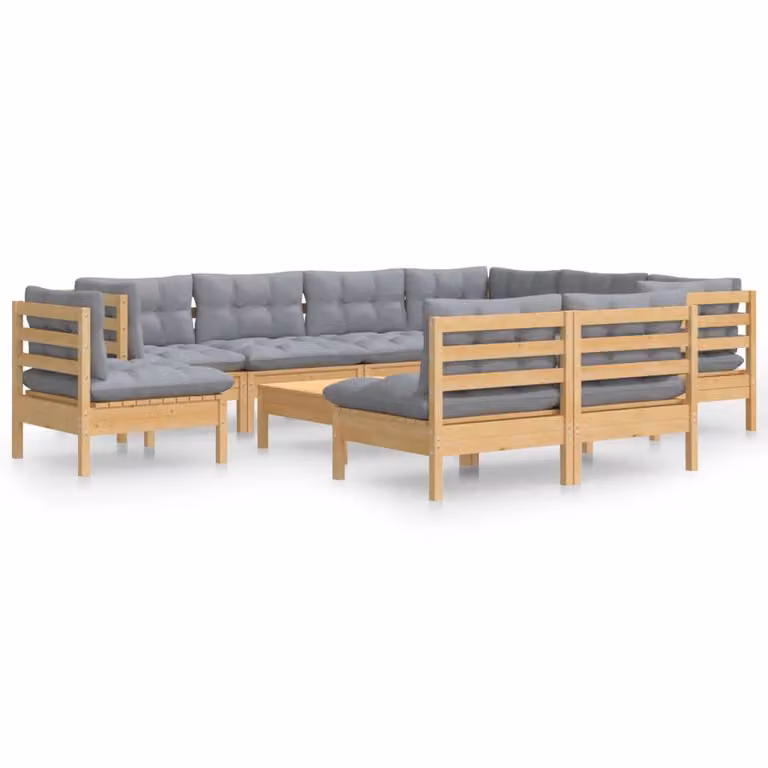 Set Divani da Giardino 10 pz con Cuscini Grigi Massello di Pino