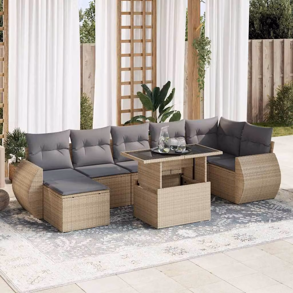 Set Divano da Giardino a L vidaXL 8 pz con Cuscini Beige e Tavolino in Polyrattan e Metallo
