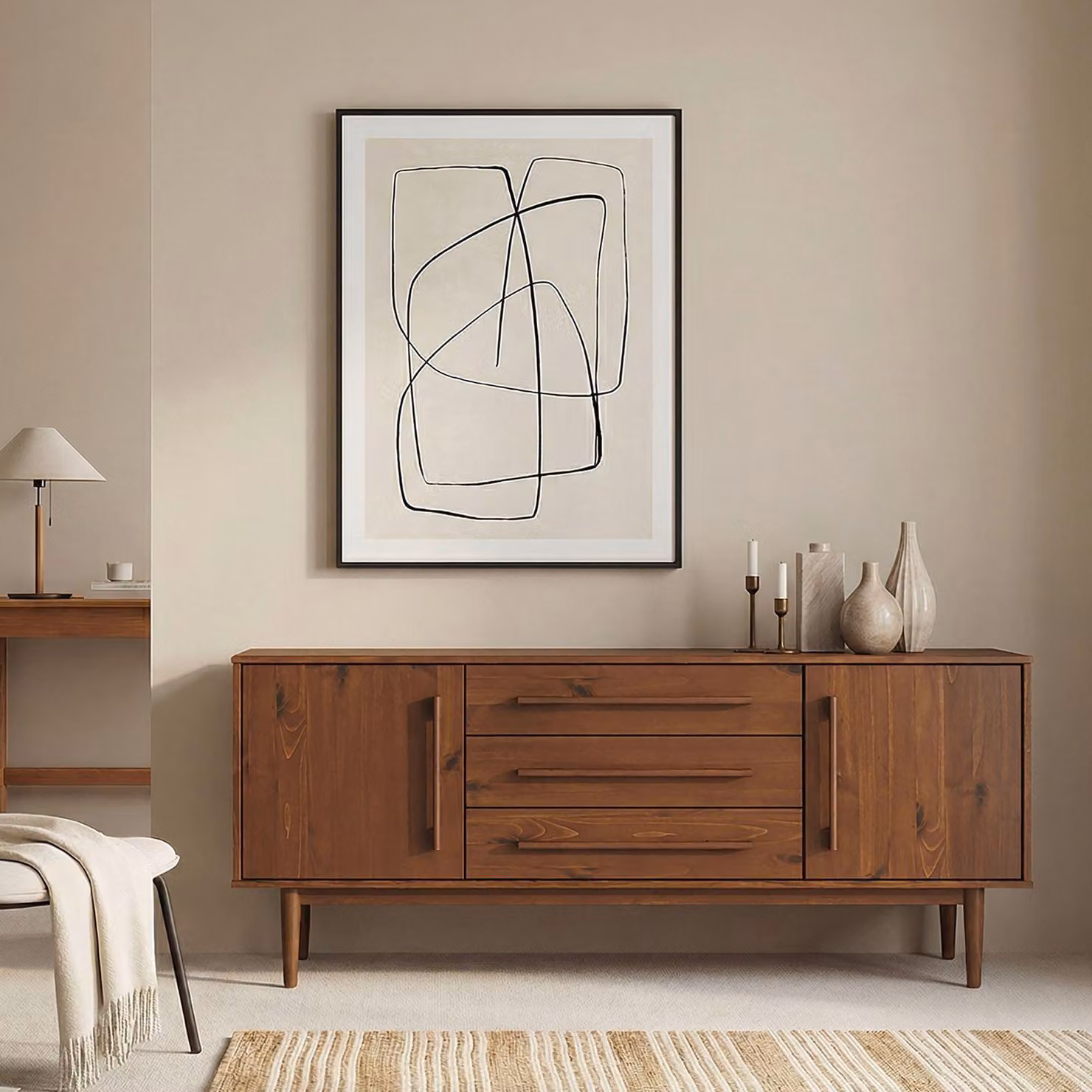 Credenza TECCA con 2 ante e 3 cassetti, color castagno - credenza in legno massiccio con spazio di archiviazione, cassetti con estrazione in metallo, incluso montaggio a parete, cassettiera per corridoio del soggiorno