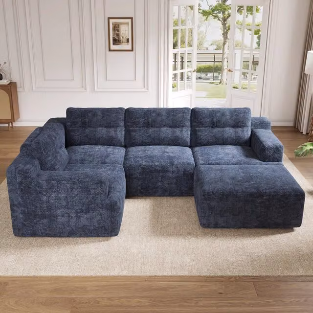 Divano modulare riconfigurabile a L o a U 252 x 180 x 82 cm con pouf; ciniglia blu