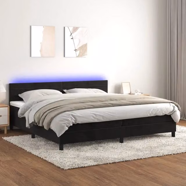 Letto matrimoniale moderno vidaXL in velluto nero con materasso ibrido, illuminazione LED sottostante e porta USB, L/P/H: 200 x 200 x 203 cm