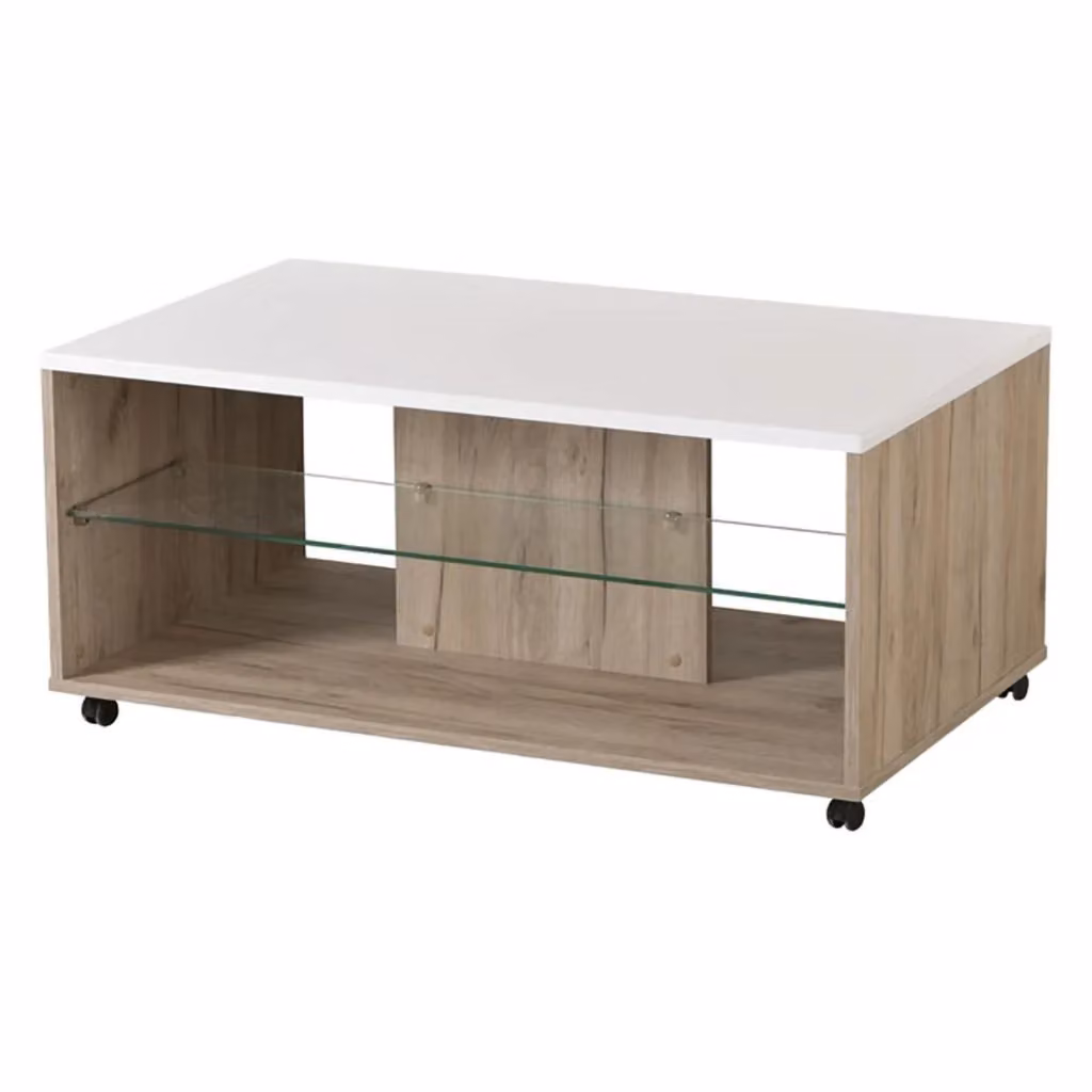Tavolino da salotto moderno DMORA con piano in vetro e ruote, L: 101 cm, P: 60 cm, H: 45 cm, Bianco e Marrone – 2