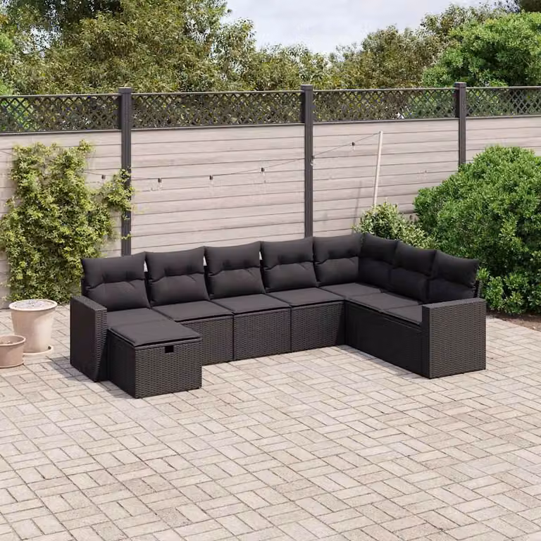 vidaXL Set Divani da Giardino a L con Cuscini 8 pz Nero in Polyrattan e Acciaio