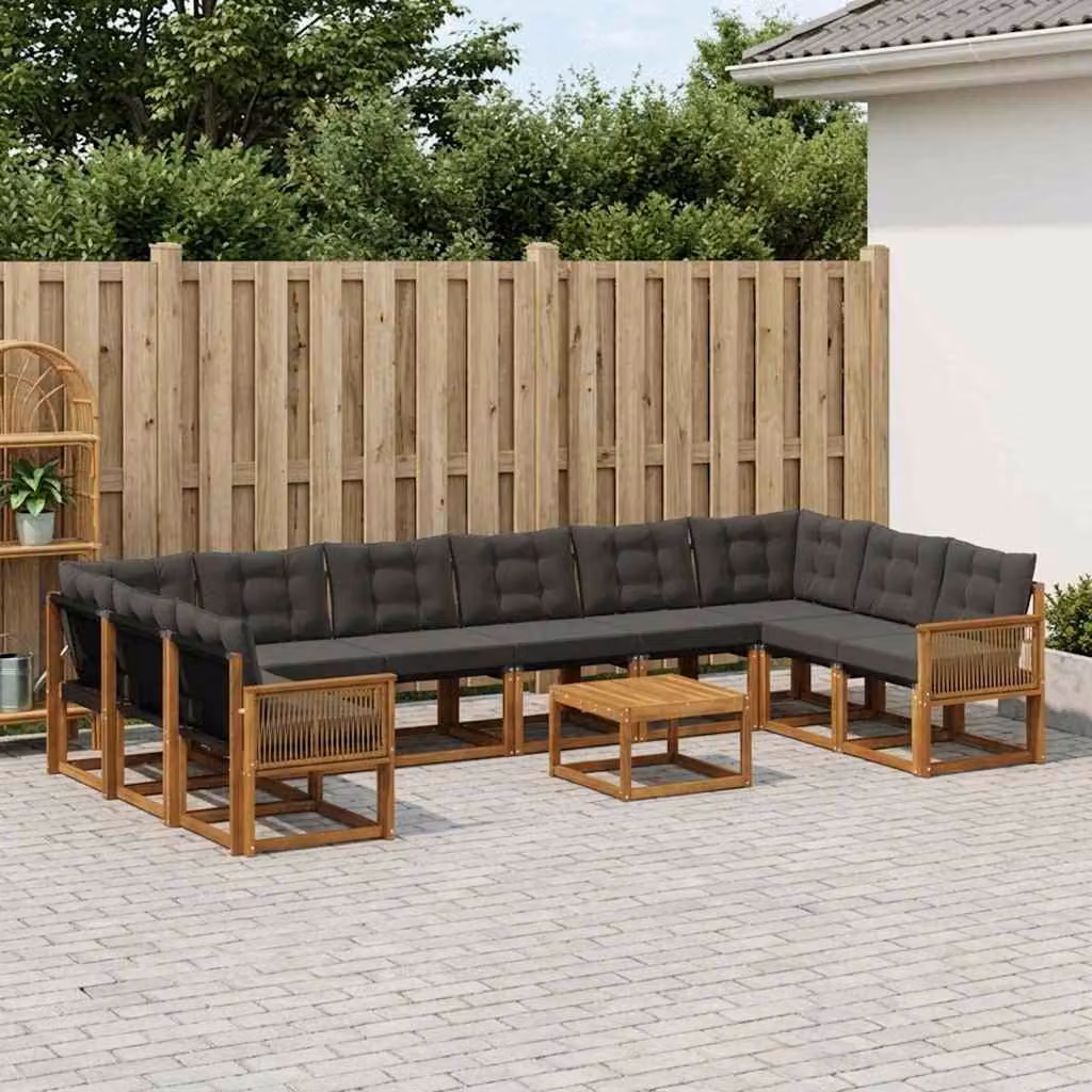 Set di divani da esterno vidaXL 11 pezzi a forma di U in legno di acacia marrone e nero con tavolino da caffè e cuscini inclusi