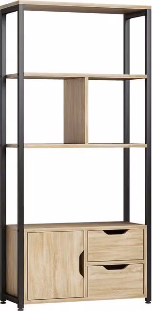Libreria in stile industriale HOMCOM con 3 ripiani, armadietto con anta e 2 cassetti, effetto legno naturale e nero, L 58 cm x P 24 cm x H 122 cm