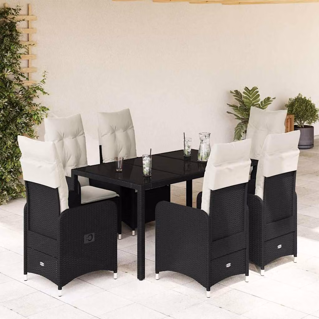 Set da Bistrò da Giardino e Balcone vidaXL in Polyrattan Nero con Cuscini e Piano in Vetro, 7 Pezzi – 1