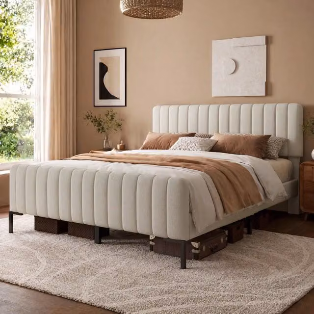 Desviae Letto matrimoniale imbottito 160 × 200 cm con rete a doghe testiera regolabile 55 cm in lino grigio beige