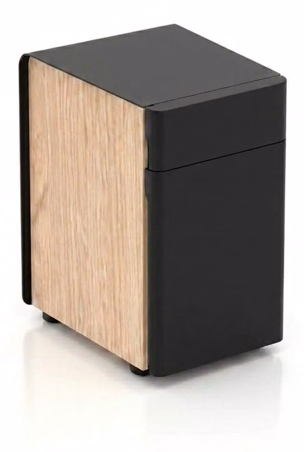 Comodino nero moderno, realizzato in legno di alta qualità, ideale per l'ufficio, con un design funzionale e elegante