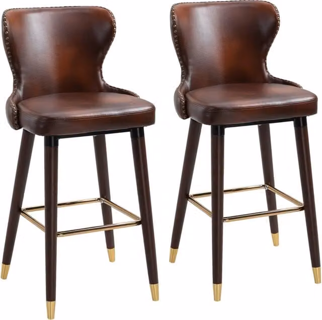 Set di 2 Sgabelli da Bar Alti Design In in Stile Industriale con Schienale e Poggiapiedi, Seduta in Finta Pelle Marrone e Gambe in Legno e Metallo, L/P/H: 52 x 53 x 101 cm – 1