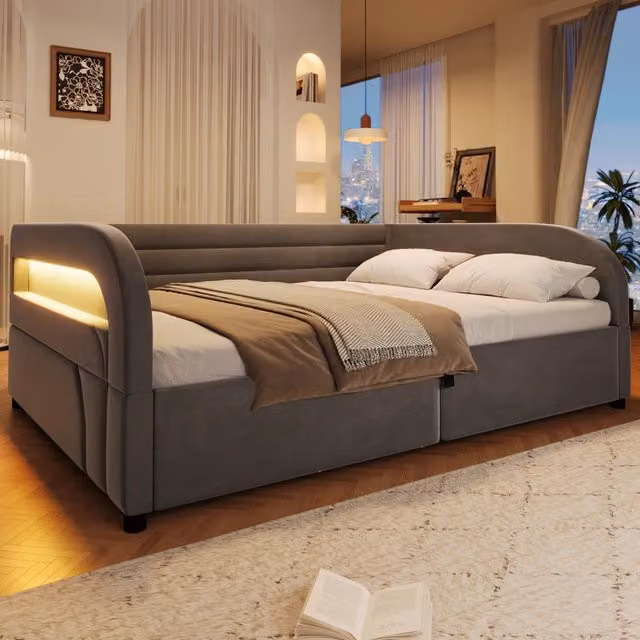 Letto contenitore 140 x 200 cm con contenitore idraulico LED e testiera imbottita letto matrimoniale con rete a doghe in flanella grigio