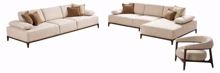 Set da salotto moderno: divano ad angolo a L bianco, set di design con poltrona in tessuto