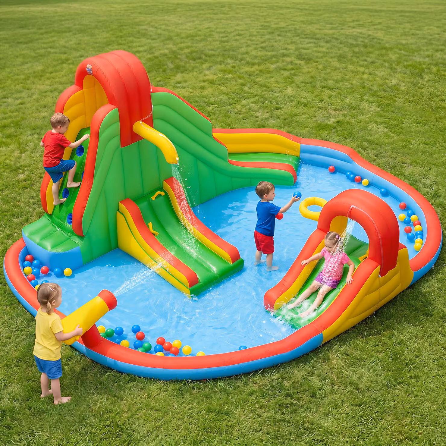Castello gonfiabile Costway multicolore con doppio scivolo, piscina, parete da arrampicata e canestro da basket in PVC